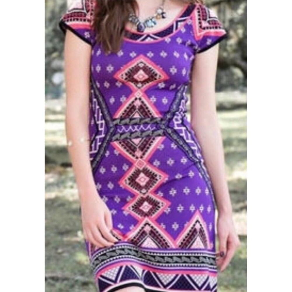 Francesca’s Purple Aztec Print Bodycon Mini Dress Size S Boho Festival Colorful